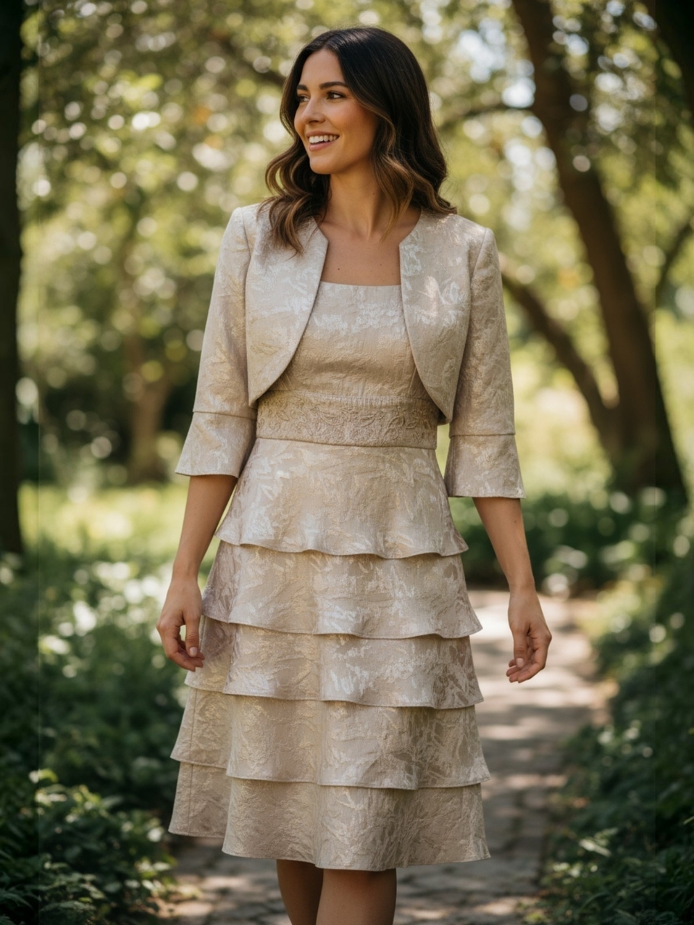 R&M Richards Champagne Tiered Jacquard Dress with Cropped Jacket **